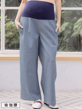 孕婦褲。水波細直紋瑜珈腰挺版寬褲